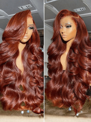 Klaiyi Brunette Auburn Copper 7x5 Pre everything Lace Frontal Wig Body Wave Virgin Human Hair Reddish Brown Color