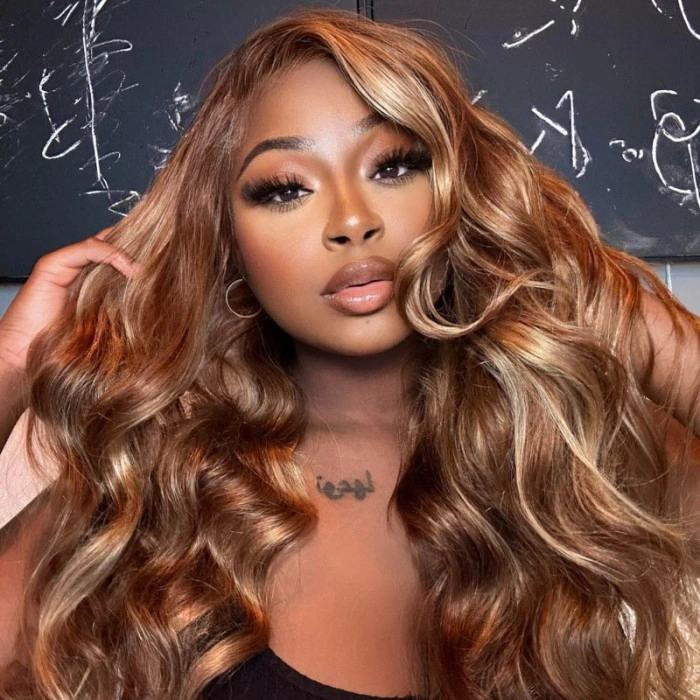 Klaiyi 13x4 Lace Front Golden Brown With Flaxen Highlights Loose Wave Wig Flash Sale