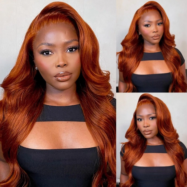 Klaiyi Put On and Go 6x4.75 Pre-Cut Glueless Lace Copper Brown Body Wave Wig