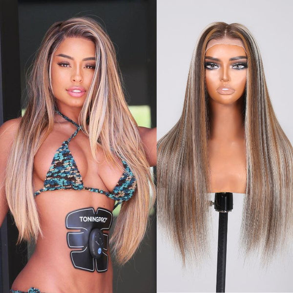 Klaiyi Ash Blonde With Silver Highlight Lace Front Wigs Straight Human Hair Sun-kissed Dimension Flash Sale
