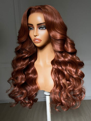 Klaiyi Copper Brown Body Wave Wig 7x5 No-Slip Glueless Lace Human Hair Wig with Invisi Drawstring