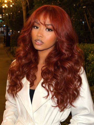 Klaiyi Dark Copper Auburn Body Wave Wig 7x5 No-Slip Glueless Lace Human Hair Wig with Face Framing Curtain Bangs