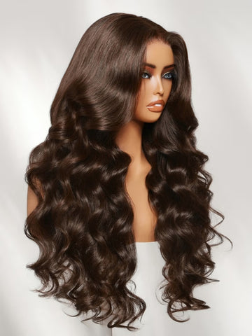 Klaiyi Chocolate Brown Body Wave Wig 7x5 No-Slip Glueless Lace Human Hair Wig with Invisi Drawstring