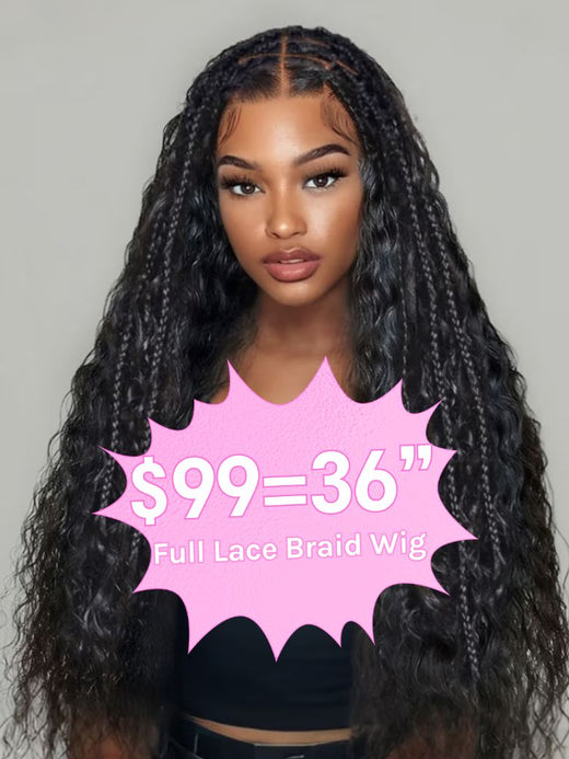 $99=36inch | Flash Sale Klaiyi 34inch Knotless Full Lace Box Braid Wig Boho Goddess Braided Wig with Baby Hair Curly Ends Wig