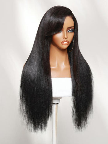 Klaiyi 7x5 Glueless Lace Yaki Straight Wig with Soft Side-Swept Bangs Natural Human Hair Wig