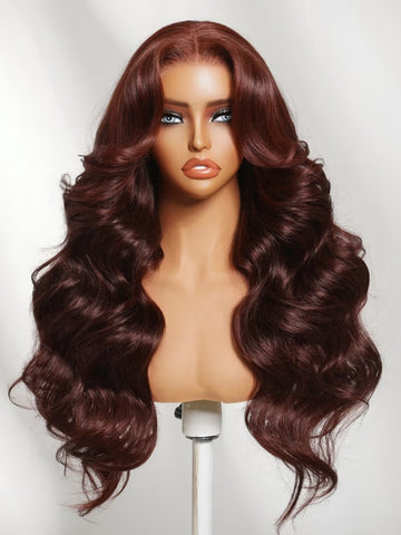 Klaiyi 7x5 No-Slip Glueless Lace Wig Dark Auburn Loose Wave Human Hair Wig With Curtain Bangs