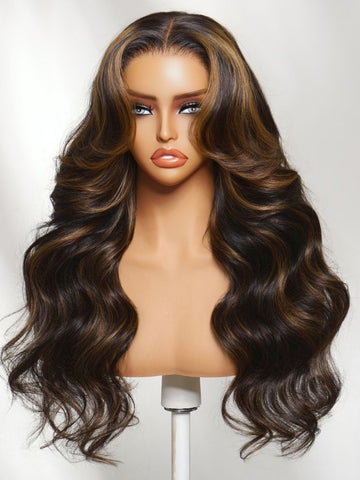 Klaiyi 7x5 No-Slip Glueless Body Wave Wig Golden Brown with Honey Highlights 180% Density Bye-Bye Knots Lace Closure Put-On & Go