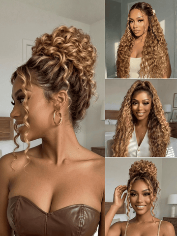 Klaiyi Sun-Kissed Honey & Warm Golden Blonde Water Wave 13x4 Glueless Put On And Go Wig with Invisi Drawstring