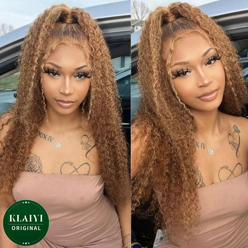 Klaiyi 13x4 Pre-Everything Honey Blonde Highlight Jerry Curly Put On and Go Wig Human Hair Lace Frontal Wig