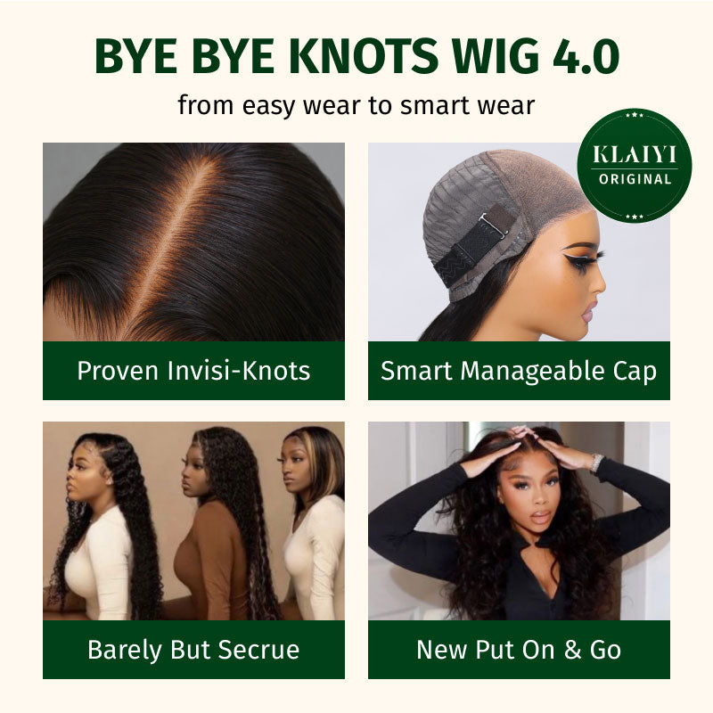Klaiyi Natural Black Coarse Yaki Straight Human Hair Wig Kinky Straight  Put On and Go 7x5 Bye Bye Knots Wig