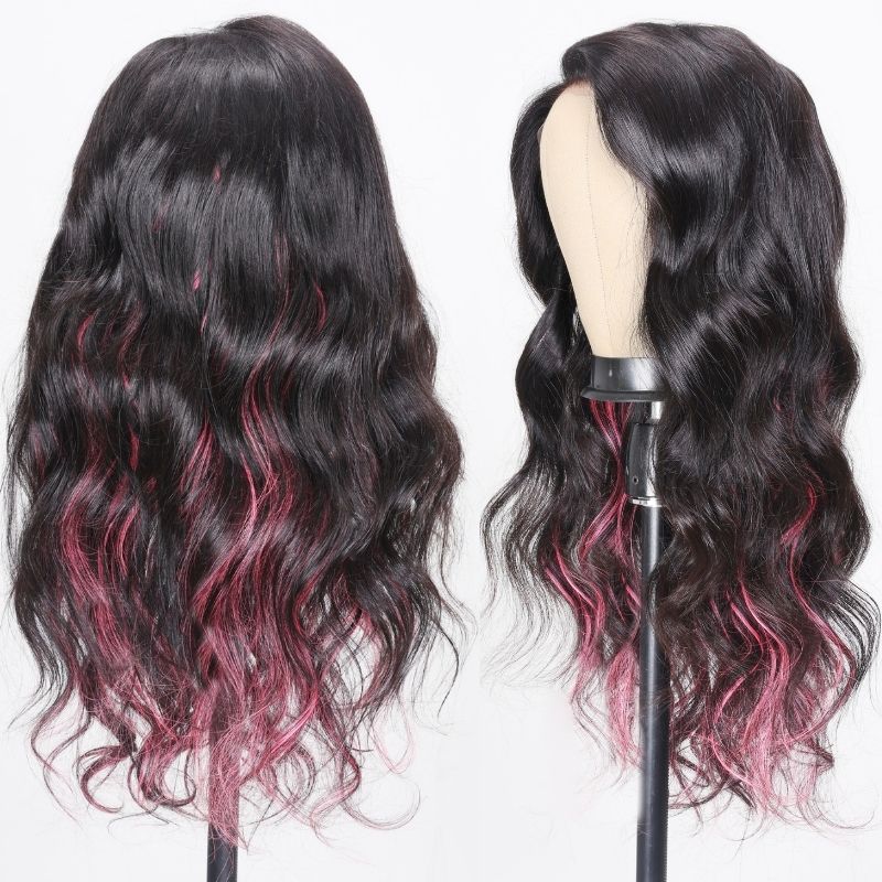 Klaiyi Natural Black Body Wave With Pink Highlights Pink Striped Human Hair Wigs
