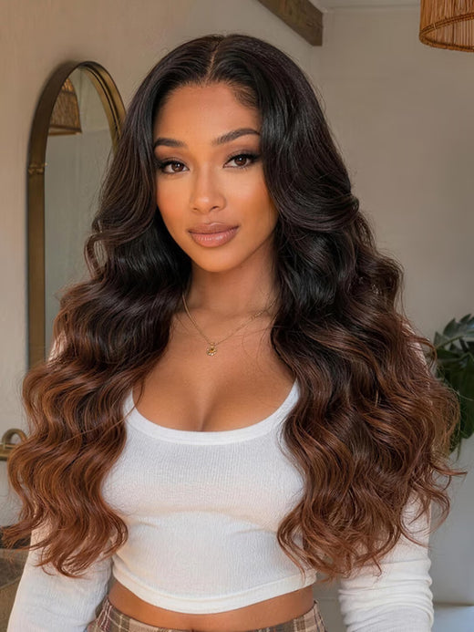 Klaiyi 13x4 Pre-Everything Lace Frontal Chocolate Cherry Brown Ombre Body Wave Human Hair Wig