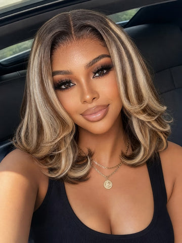 Klaiyi 7x5 No-Slip Glueless Lace Wig Ash BLonde Balayage Highlight Body Wave Layered Blowout Bob Wig