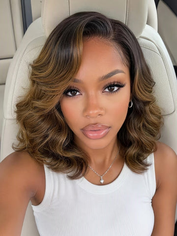 Klaiyi Chestnut Brown Ombre French Bob Wig Shoulder-Length Loose Curls 13x4 Pre-Everything Lace Forntal Wig