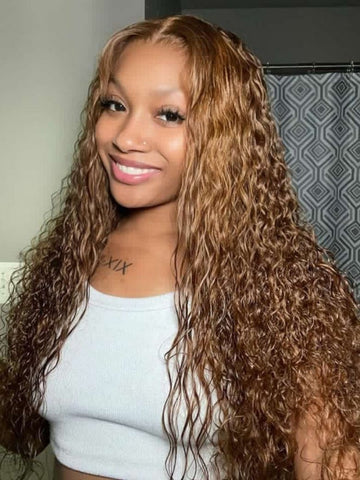 26" Only $89| Klaiyi 13x4 Pre-Everything Water Wave Wig Warm Caramel Brown with Honey Highlights Glueless Lace Front Wig