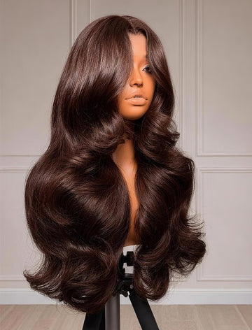 Klaiyi 7x5 No Slip Glueless Lace Wig Rich Chocolate Brown Body Wave with Face-Framing Layers Human Hair Wig