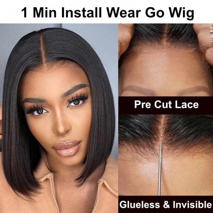 $100 OFF | Code: SAVE100 Klaiyi Put On and Go Glueless Bob Wig Silky Straight/Yaki Straight 7x5 Pre-Cut Lace Closure Wig Beginner Friendly