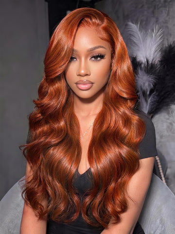 Klaiyi Dark Copper Auburn Body Wave Wig 7x5 No-Slip Glueless Lace Human Hair Wig with Invisi Drawstring