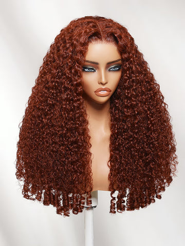 Klaiyi 7x5 Bye Bye Knots Glueless Reddish Brown Burmese Curly Human Hair Wig with Finger Coil Ends Put On & Go