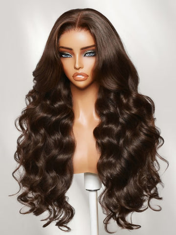 Klaiyi Chocolate Brown Body Wave Wig 7x5 No-Slip Glueless Lace Human Hair Wig with Invisi Drawstring