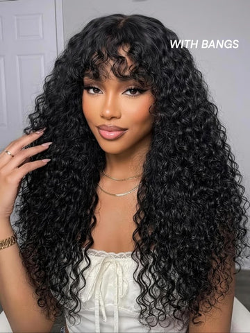 Klaiyi 7x5 No-Slip Glueless Shaggy Curly Wig with Bangs Put On & Go Human Hair Wig