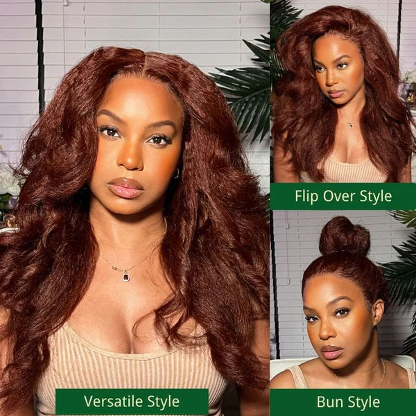 Buy 1 Get 1 Free,Code:BOGO |  Klaiyi Reddish Brown Hair Kinky Straight 7x5 Pre-cut Lace Wigs