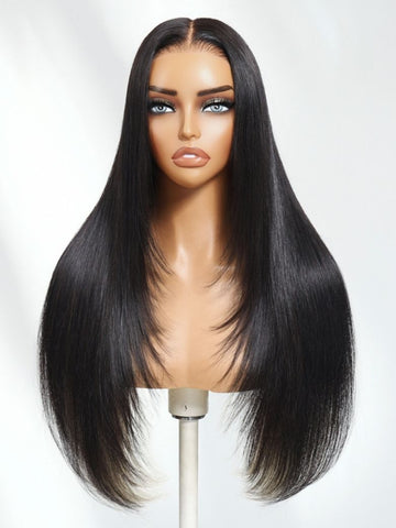 Klaiyi Natural Black with Peekaboo Highlights Straight Layered Cut 7x5 Bye Bye Knots Glueless Human Hair Wig