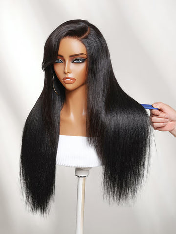 Klaiyi 7x5 Glueless Lace Yaki Straight Wig with Soft Side-Swept Bangs Natural Human Hair Wig