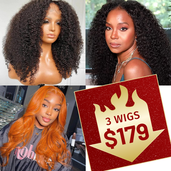 $179 Get 3 Wigs | 13x4 Lace Front Wig Ginger Color Body Wave + Jerry Curly U Part Wig + 4x4x0.75 Part Lace 4C Kinky Curly Wig  Flash Sale