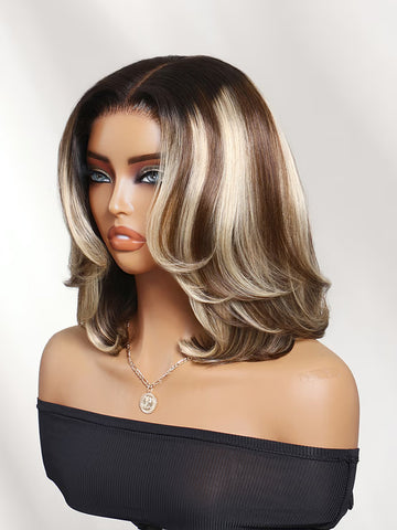 Klaiyi 7x5 No-Slip Glueless Lace Wig Ash BLonde Balayage Highlight Body Wave Layered Blowout Bob Wig