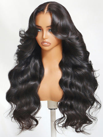 Klaiyi Full Lace Wig Loose Wave Face-Framing Layers With Curtain Bangs Full Scalp Lace Wigs 100% Handmade Invisible Full Lace Wig