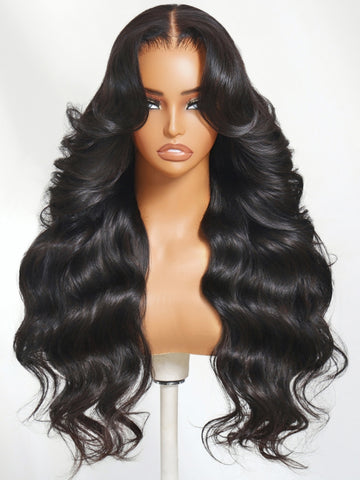 Klaiyi Full Lace Wig Loose Wave Face-Framing Layers With Curtain Bangs Full Scalp Lace Wigs 100% Handmade Invisible Full Lace Wig