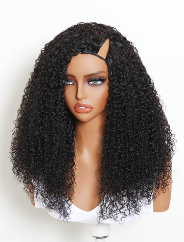 Klaiyi V-Part Kinky Curly Glueless Human Hair Wig Side Part Put On & Go Beginner Friendly