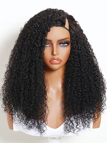 Klaiyi V-Part Kinky Curly Glueless Human Hair Wig Side Part Put On & Go Beginner Friendly