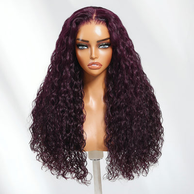 Klaiyi 13x4 Black Cherry Dark Burgundy Water Wave Pre Everything Lace Frontal Wig With Invisible Drawstring