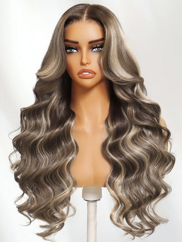 Klaiyi 13x4 Dark Brown with Platinum Blonde Highlights Loose Wave Face-Framing Layers Lace Frontal Wig with Invisi-Drawstring