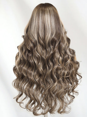 Klaiyi 13x4 Dark Brown with Platinum Blonde Highlights Loose Wave Face-Framing Layers Lace Frontal Wig with Invisi-Drawstring