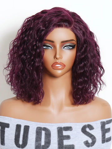 Klaiyi 6x4 Gluless Lace Wig C Side Part Black Cherry Water Wave Short Bob Human Hair Wig