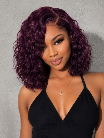 Klaiyi 6x4 Gluless Lace Wig C Side Part Black Cherry Water Wave Short Bob Human Hair Wig