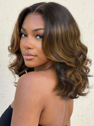 Klaiyi Brown Balayage Highlight Bob Wig 7x5 No-Slip Glueless Lace Face-Framing Blowout Body Wave Bob