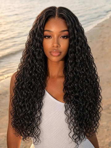 Klaiyi 7x5 No Slip™ Glueless Lace Fluffy Volume Braid-Out Defined Curly Human Hair Wig Put On & Go