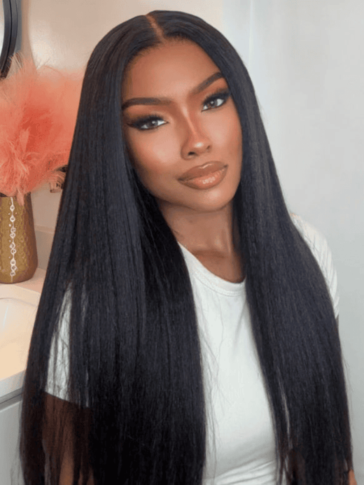 Klaiyi 13x4 HD Real Scalp Wig Invisible Lace Frontal Natural Black Kinky Straight Wig With Invisi Drawstring