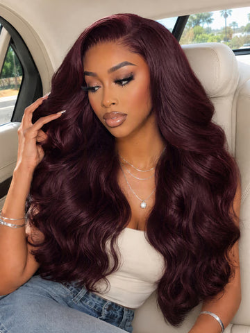 Klaiyi Black Cherry 7x5 Glueless Wig Blowout Glam Waves with Side-Swept Bangs Human Hair Put On & Go