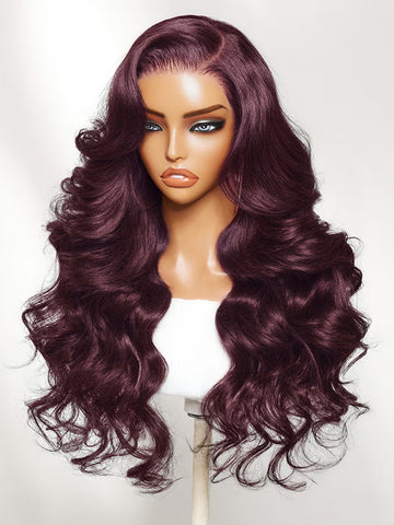 Klaiyi Black Cherry 7x5 Glueless Wig Blowout Glam Waves with Side-Swept Bangs Human Hair Put On & Go