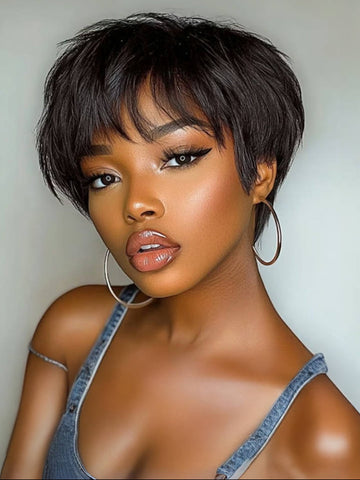 Down To $39 | Klaiyi Short Bob Wigs with Bang Pixie Cut Human Hair Wig Machine Made Natural Black Color Glueless Human Hair Wig Flash Sale