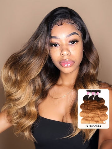 Klaiyi 3 Tone Ombre Human Hair Body Wave 3/4 Bundles Hair Weave 1b/4/27 Color