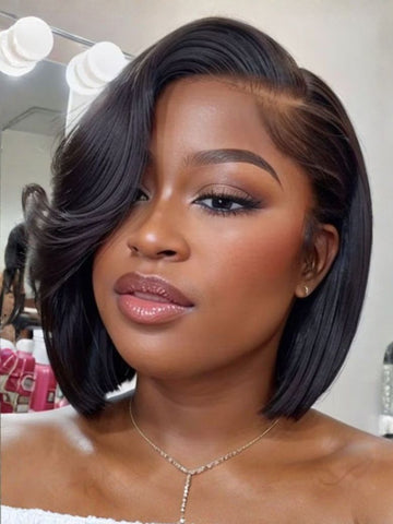 Klaiyi 7x5 Byebye Knots 90s Rachel Haircut Blunt Layered Wig with Side Part Bangs Put On and Go Glueless Human Hair Wig Flash Sale
