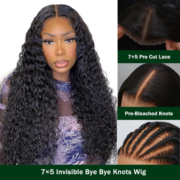 Klaiyi 7x5 Pre-Cut Lace Wig Bleach Knots Wigs Put On and Go Jerry Curly Human Hair Wig Beginner Wig