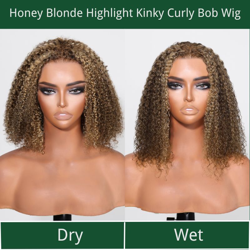 Klaiyi Honey Blonde Highlights Kinky Curly Cut BOB Wig 13x4  Lace Front Wigs Human Hair Flash Sale