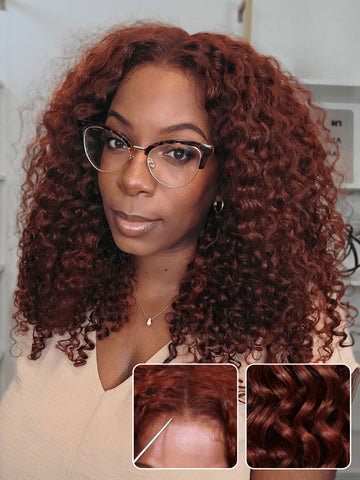 Extra 50% Off Code HALF50 | Klaiyi Jerry Curly Auburn Copper Color Put On and Go Glueless Lace Wig